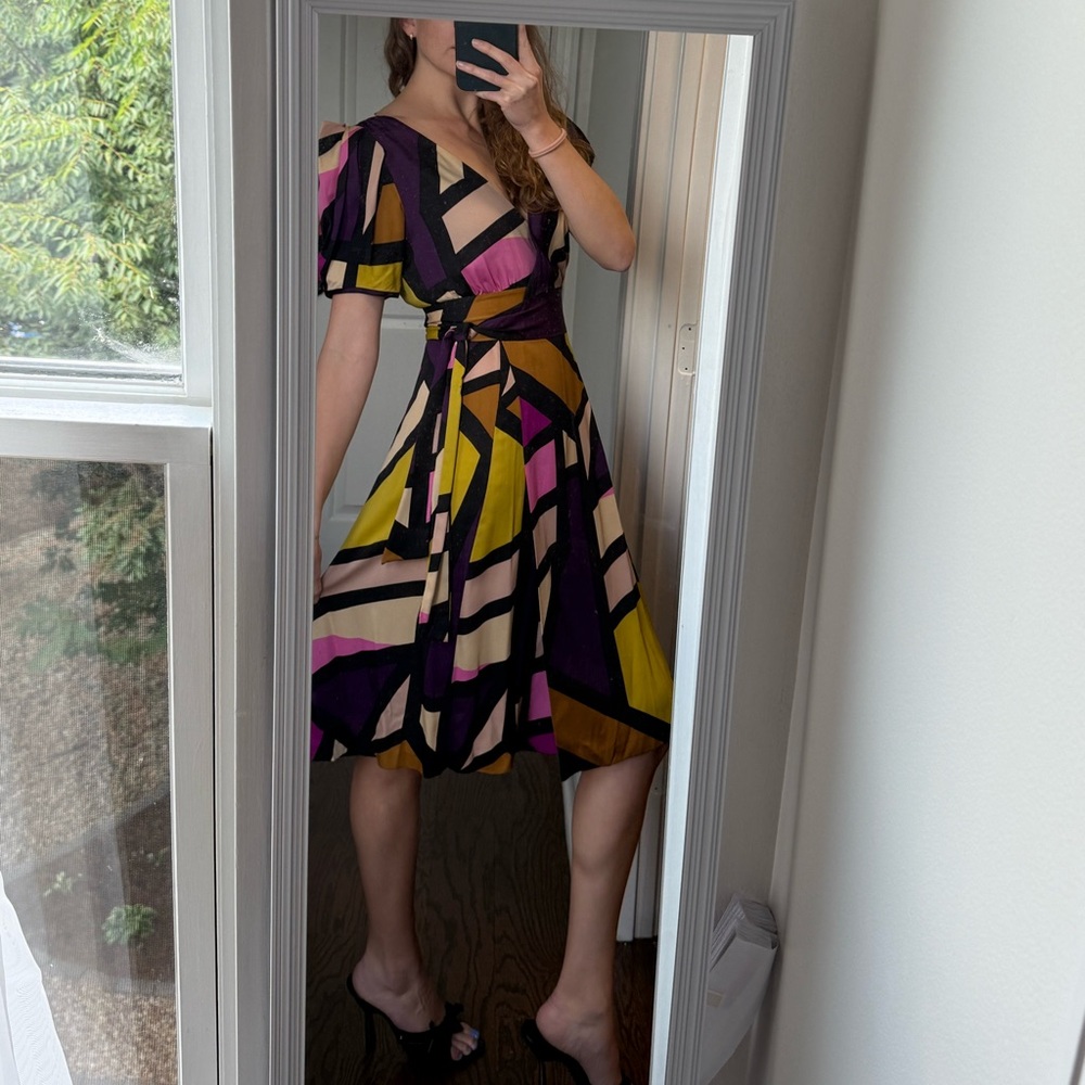 Diane Von Furstenberg Silk Geometric Wrap Midi Dress in Purple, Yellow & Pink
